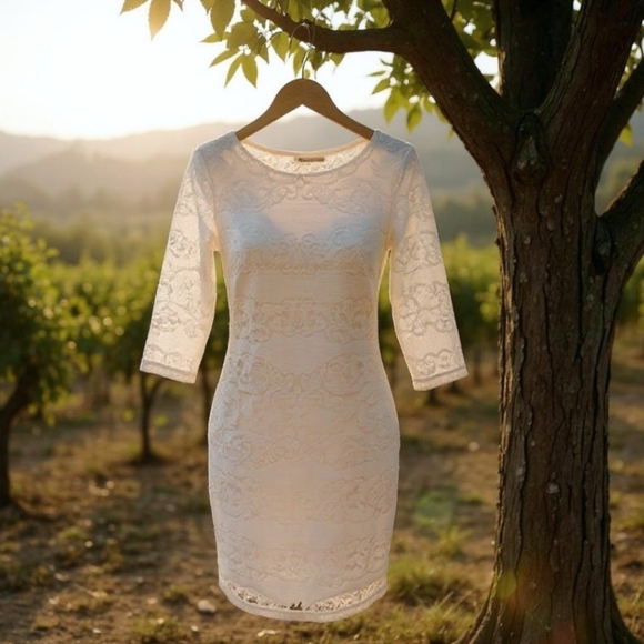 Trixxi ✦ Ivory Lace Occasion Dress ✦ Scoop Neck Open Back Sheer Sleeves Sz S - Picture 1 of 17